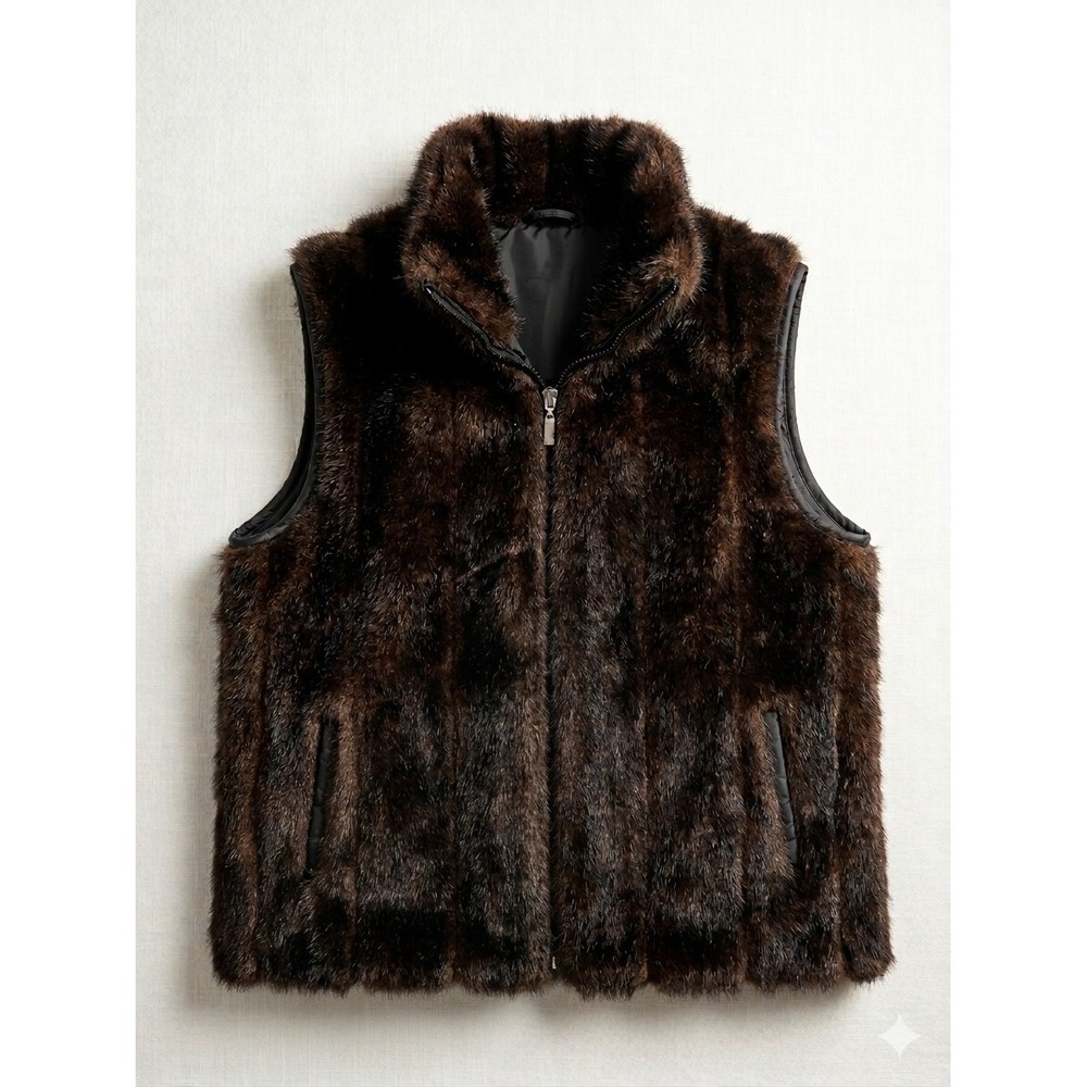Old Money Mob Wife Faux Fur Vest Reversible Brown Black Puffer Giacca Medium